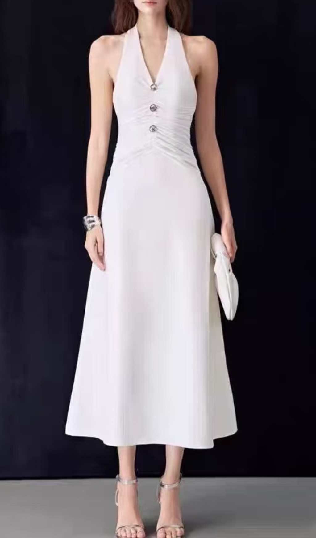 Genica Elegant White Halter Midi Dress