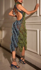 Akemi Green Halterneck Backless Fringe Midi Dress