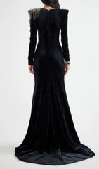 Jovia Black Velvet Beaded Maxi Gown
