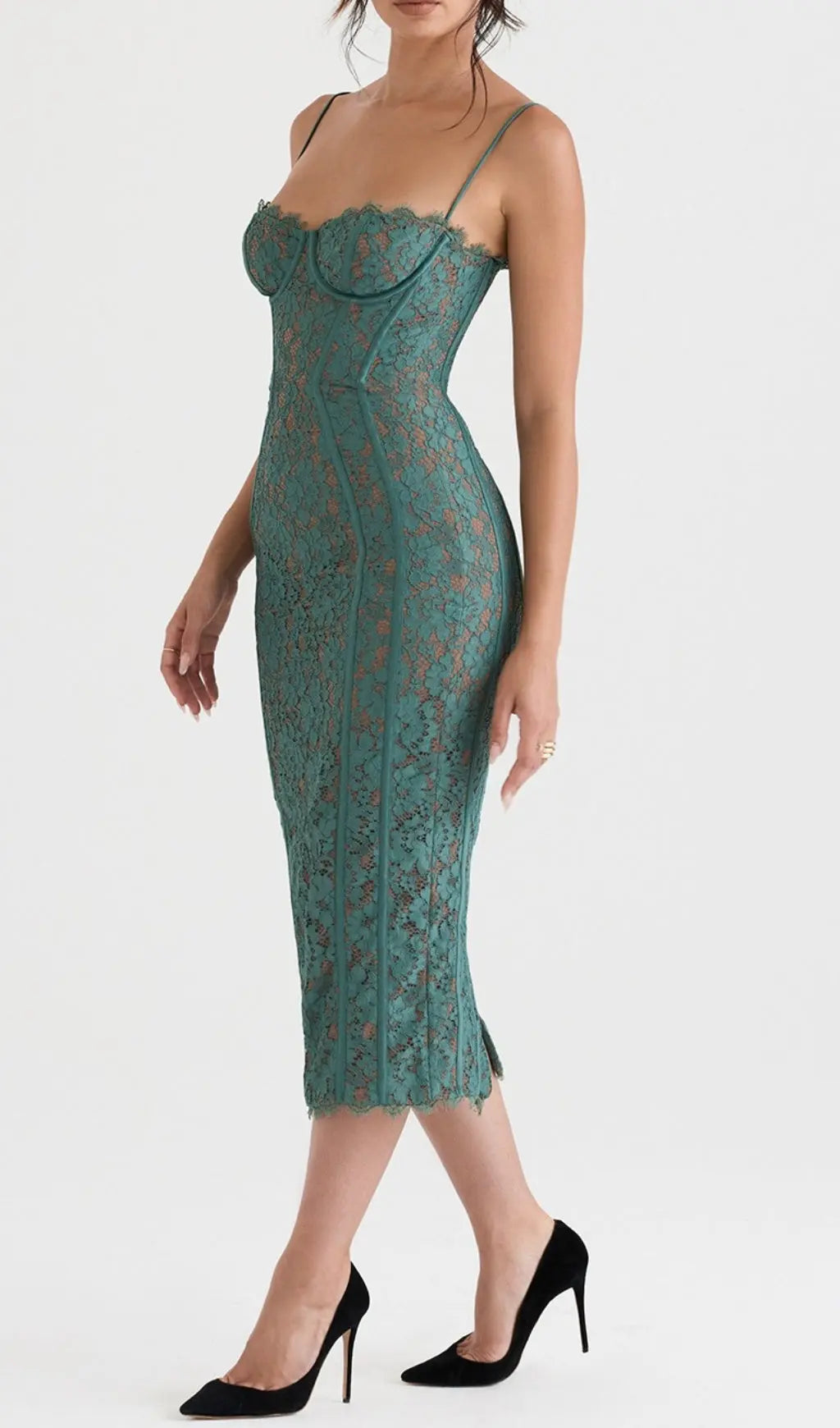 Elegant Forest Green Lace Corset Midi Dress