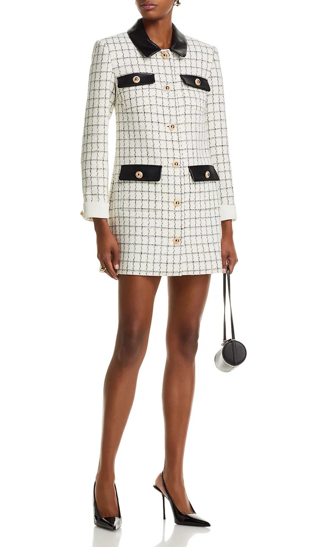 Luxe Windowpane Boucl Mini Dress with Leather Trim & Gold Buttons