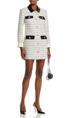 Luxe Windowpane Boucl Mini Dress with Leather Trim & Gold Buttons
