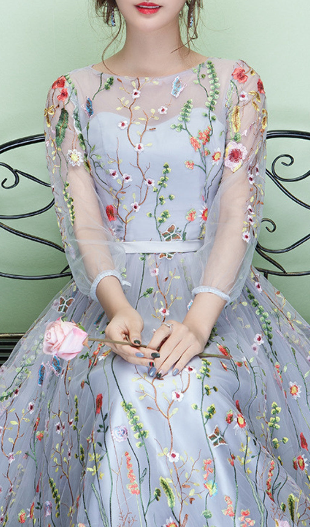 Dannell Enchanting Periwinkle Floral Embroidered Tulle Maxi Dress