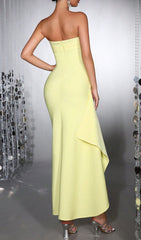 Halszka Lemon Yellow Strapless Bandage Maxi Gown with High Slit