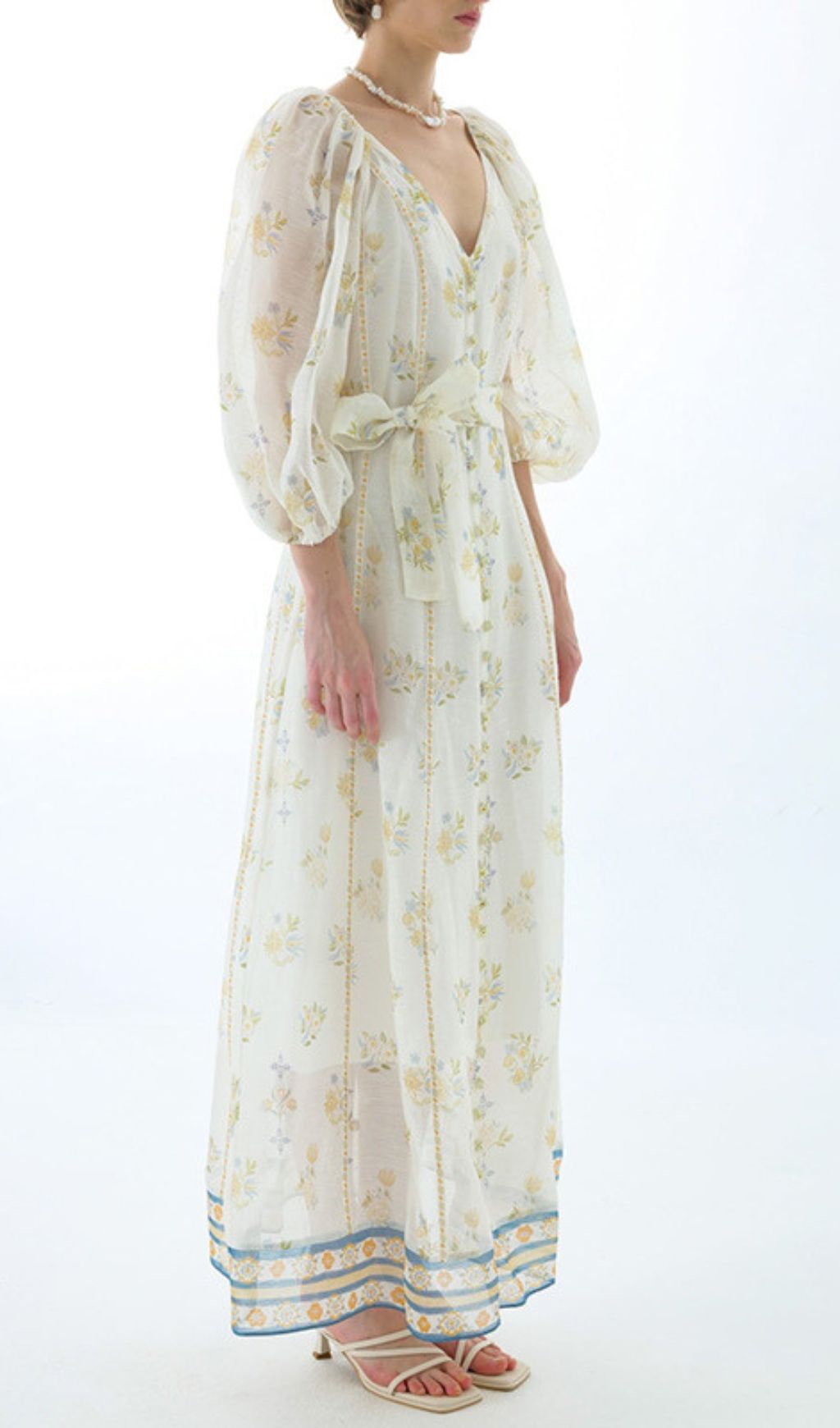 Jacobo Floral Puff Sleeve V-Neck Maxi Dress