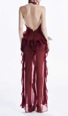 Hailey Red Halter Floral Maxi Dress
