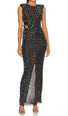 Dafina Glamorous Black Crystal Sequin Maxi Dress with Side Cut-Out & Slit