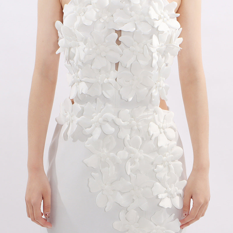 Jezel White 3D Floral Halter Maxi Dress