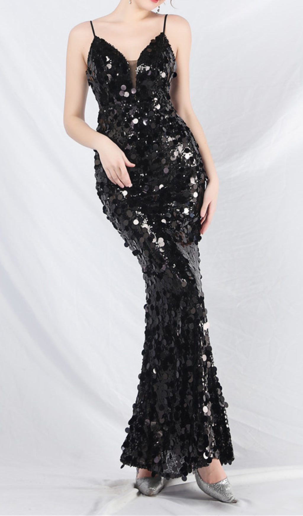 Chole Glamorous Black Sequin Strappy Maxi Gown