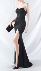 Chizue Black Strapless Corset Boned Maxi Dress with High Slit