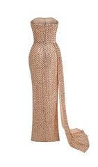 Doveva Champagne Sequin Strapless High-Slit Maxi Gown