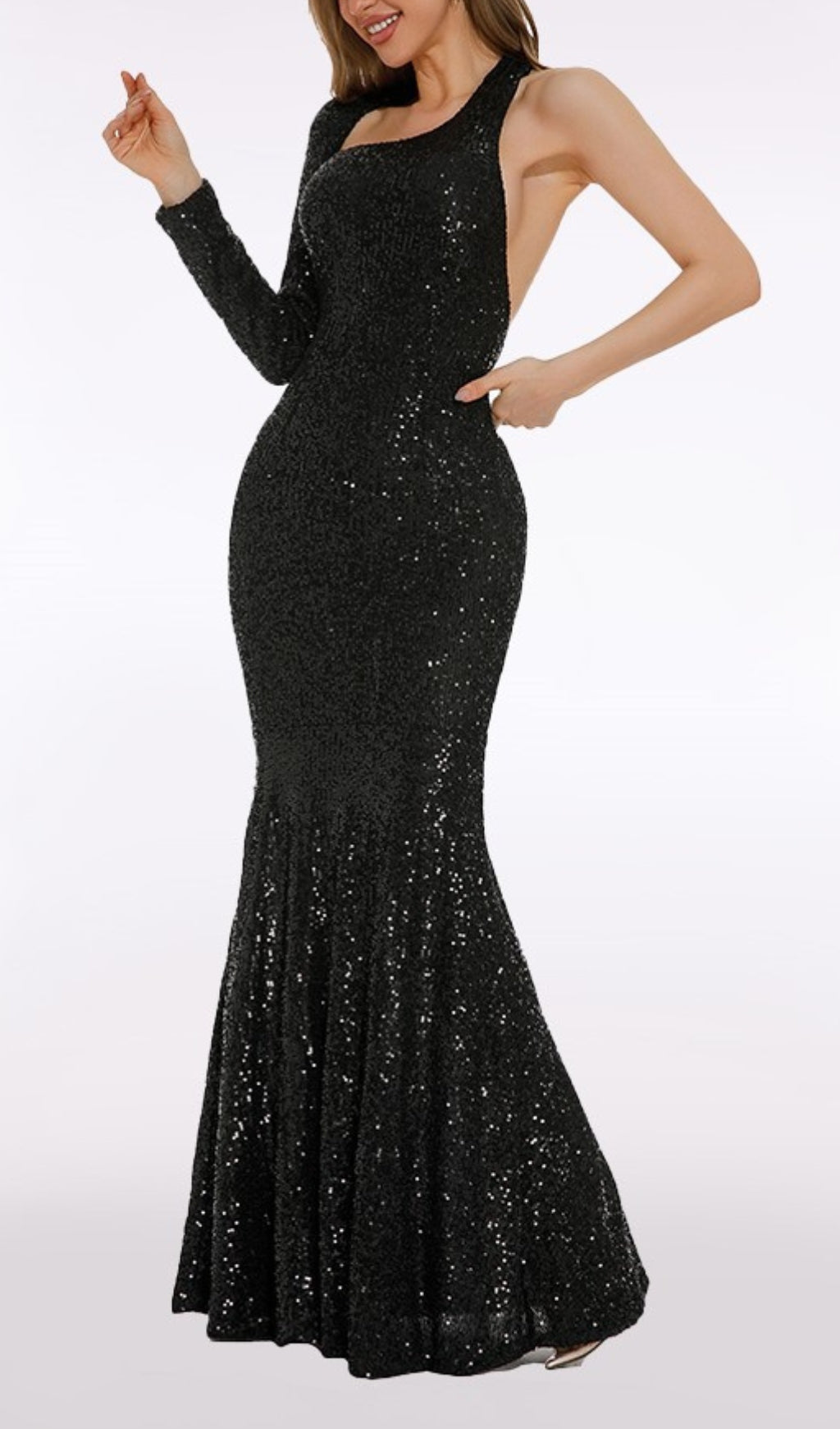 Ashkan Black Sequin One-Shoulder Long Sleeve Maxi Dress
