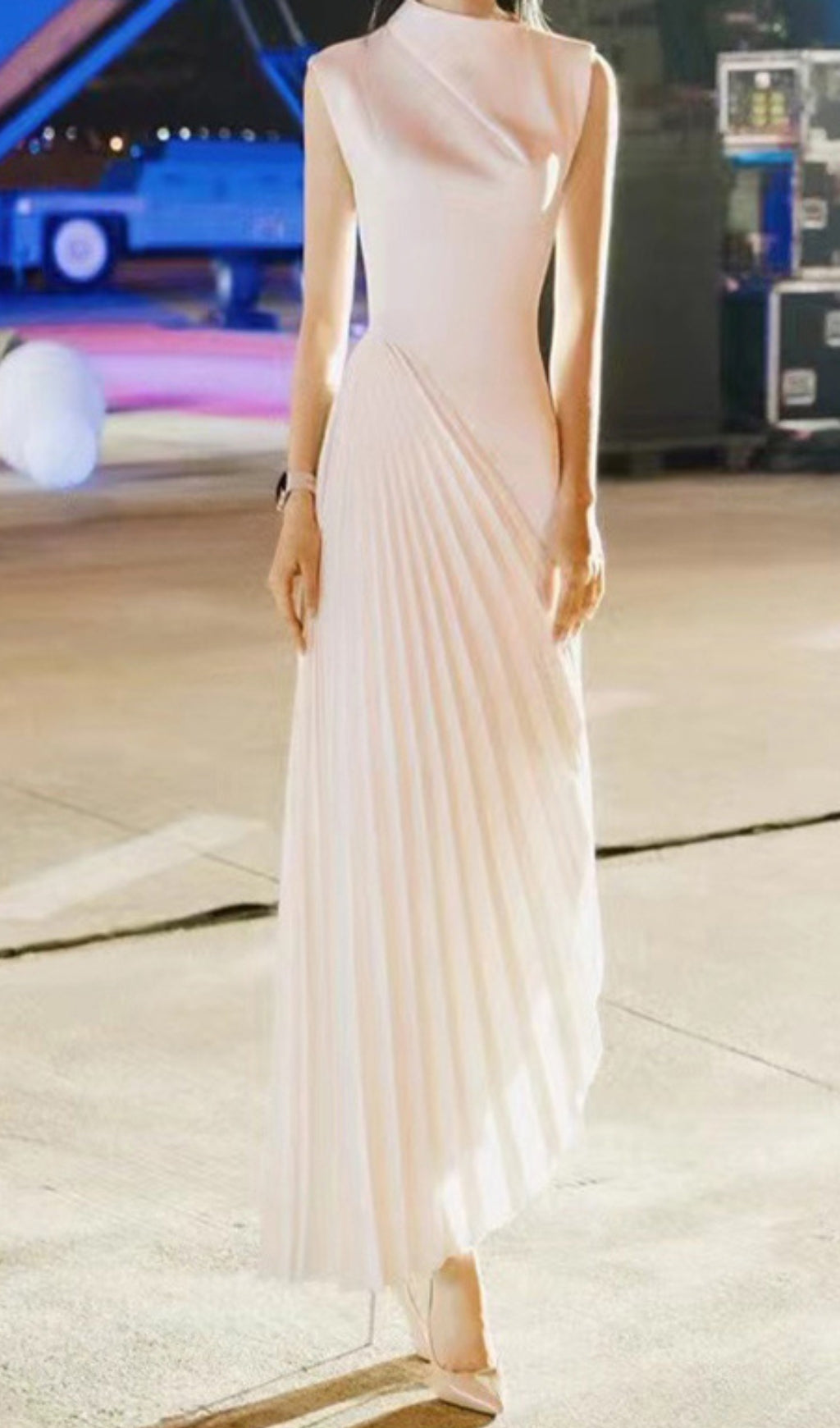 Elegant White Draped Neck Pleated Midi Dress