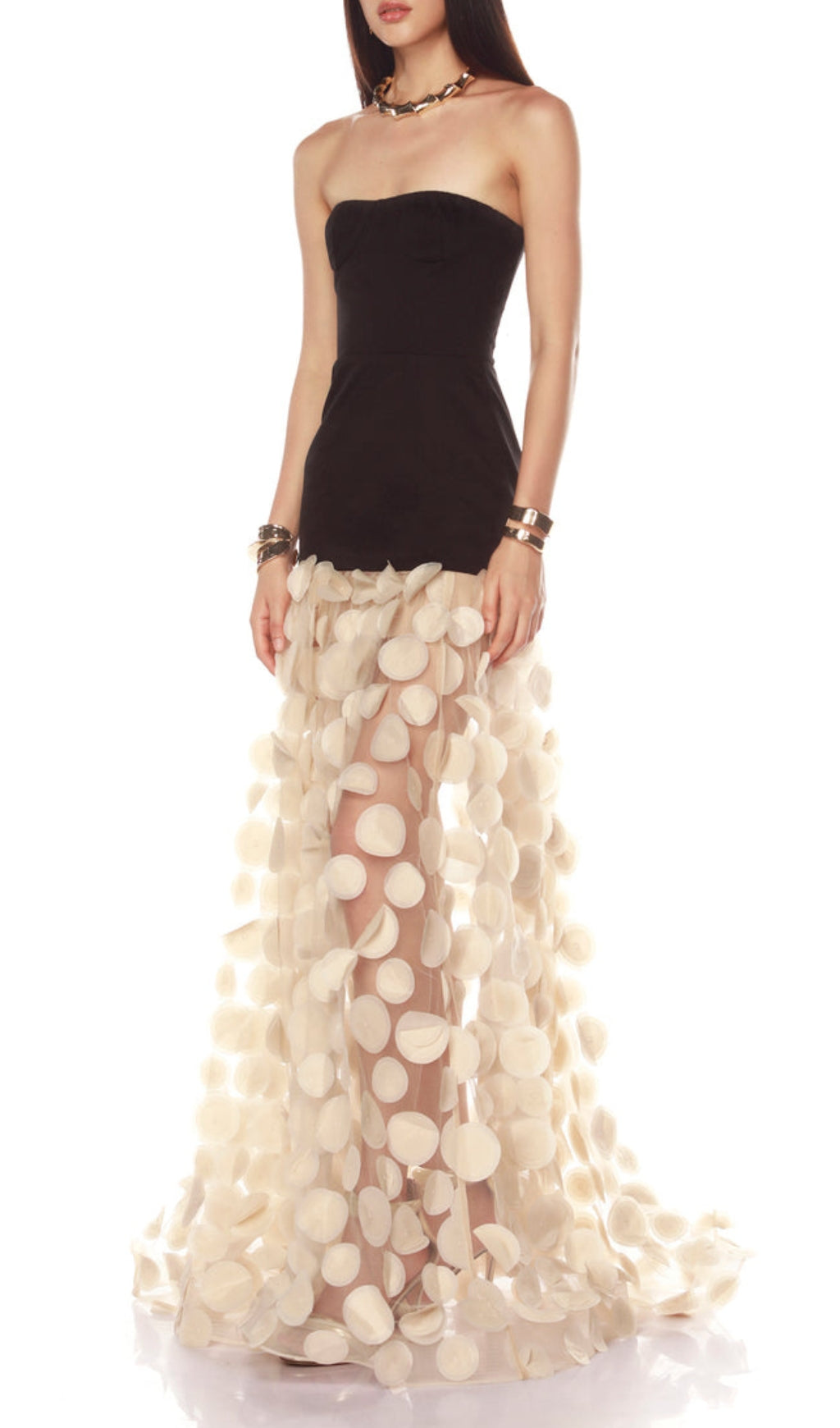 Duffy Strapless Black Bodice Mesh Dot Maxi Dress