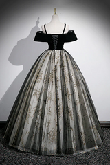 Black Off Shoulder Tulle with Lace Long Formal Dress