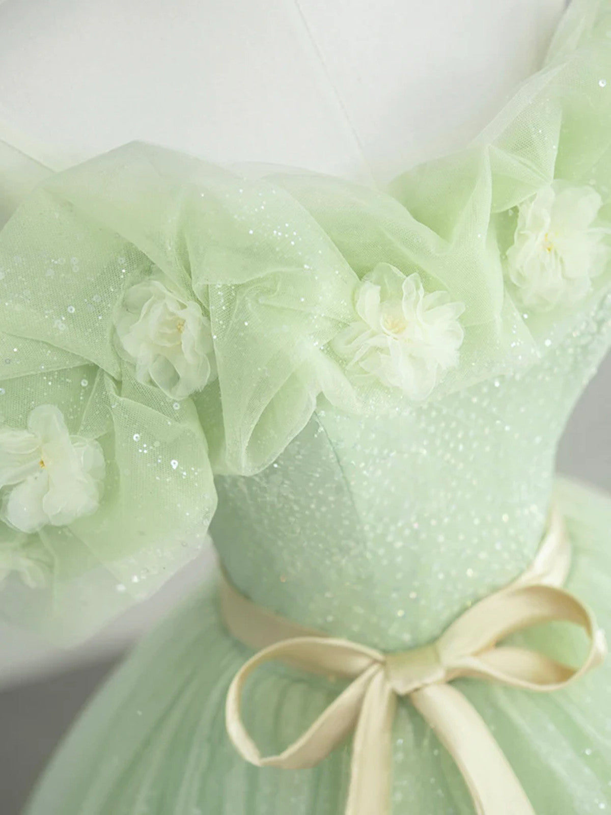 Vestido de fiesta de tul verde claro con flores, corte A 