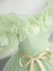 Vestido de fiesta de tul verde claro con flores, corte A 