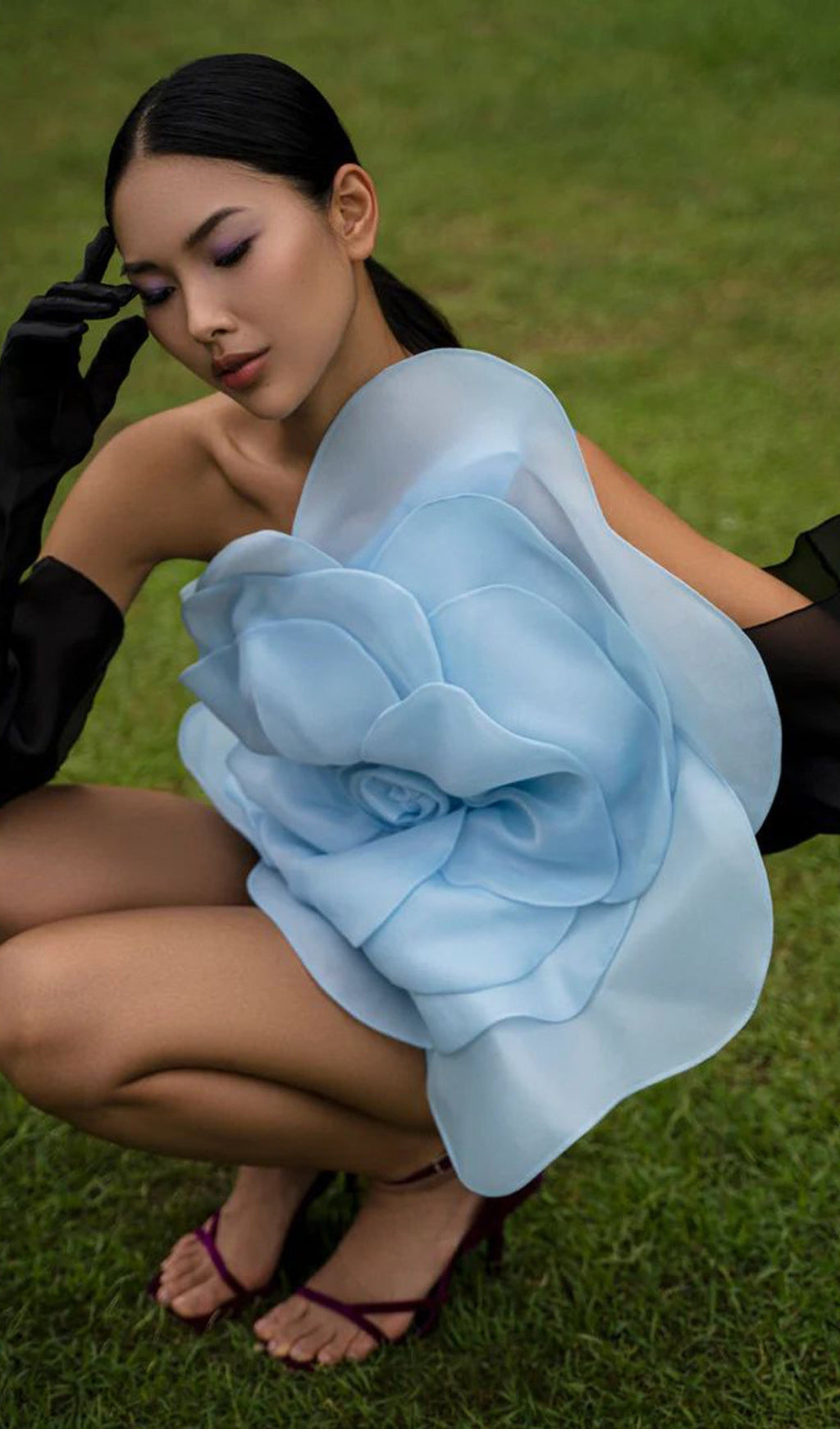 Powder Blue Statement Floral One-Shoulder Mini Dress for Women