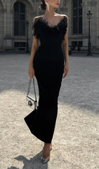 Elegant Black Feather Trim Bodycon Maxi Dress