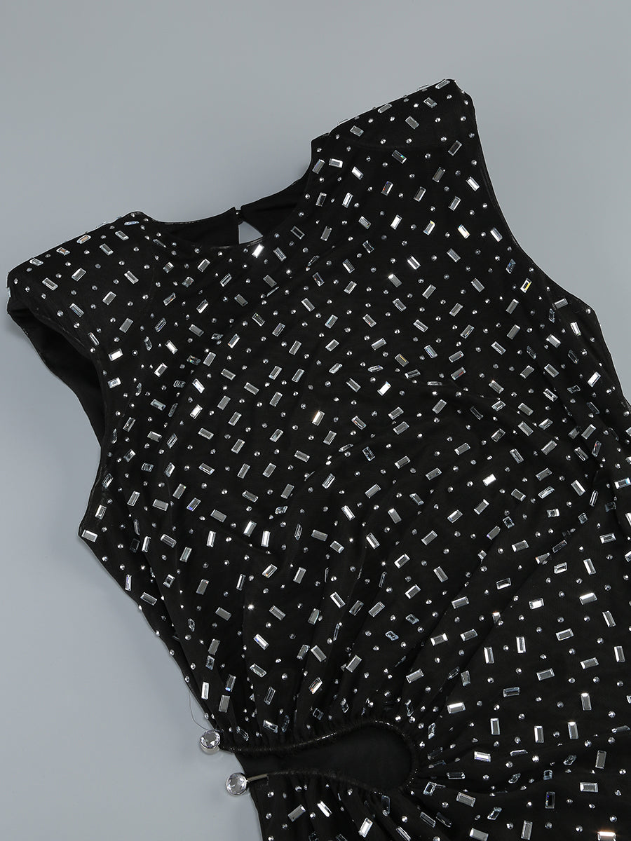 Dafina Glamorous Black Crystal Sequin Maxi Dress with Side Cut-Out & Slit