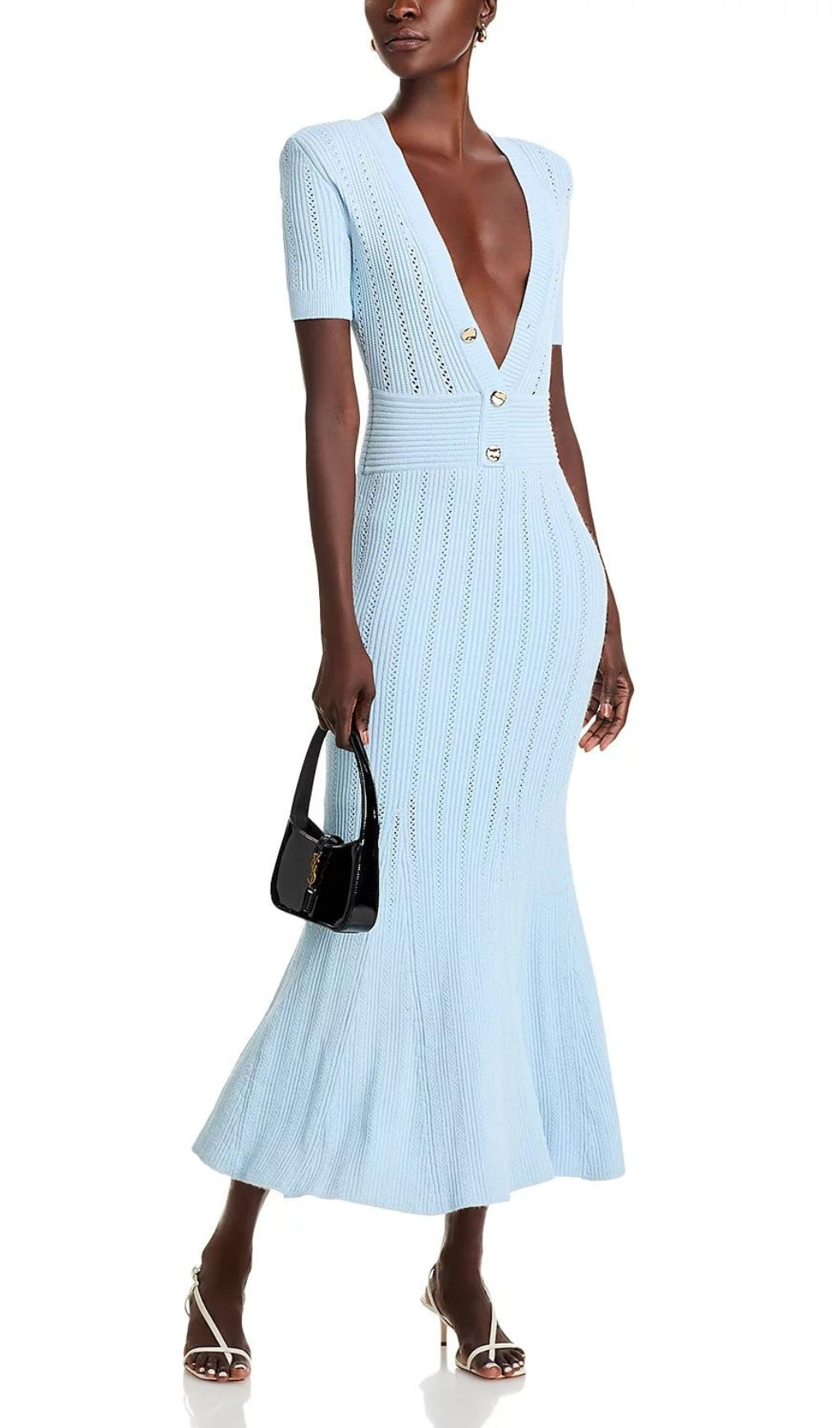 Chic Bala Blue Pointelle Knit Midi Dress