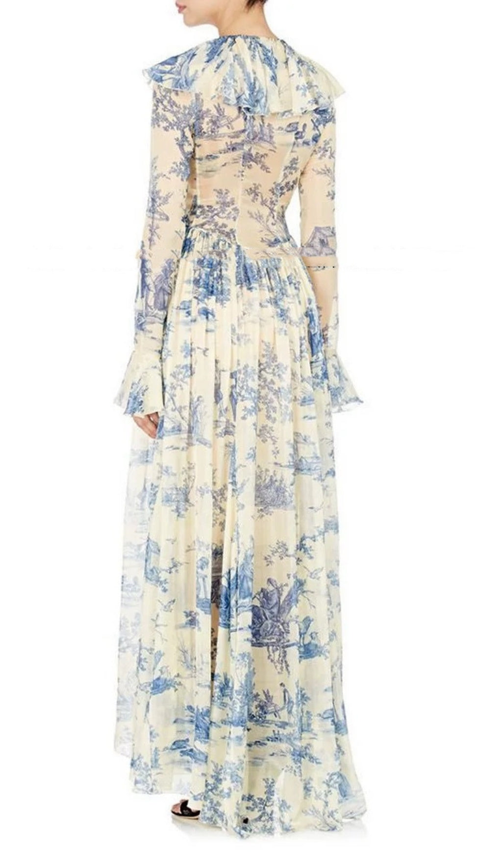 Cosma Romantic Blue Toile Floral Ruffled Maxi Dress