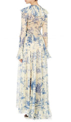 Cosma Romantic Blue Toile Floral Ruffled Maxi Dress