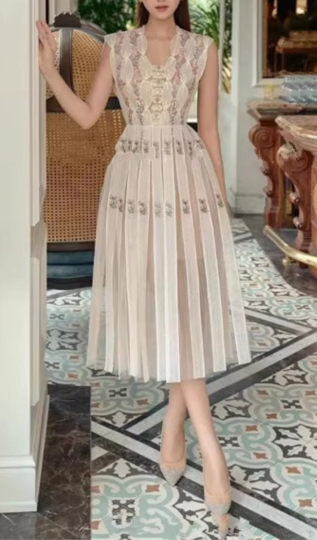 Arwyn Floral Embroidered Pleated Midi Dress