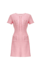 Emme Chic Pink Beaded Ribbed Knit Mini Dress