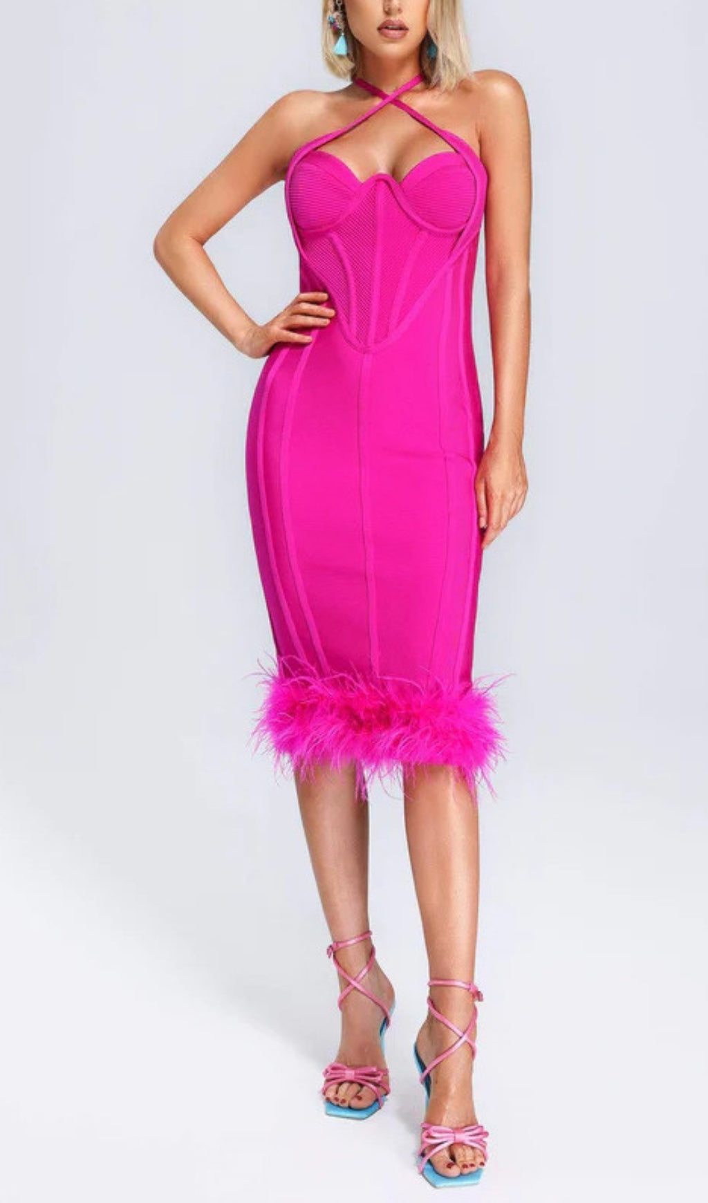Glamorous Fuchsia Ostrich Feather Halter Neck Backless Bodycon Midi Dress