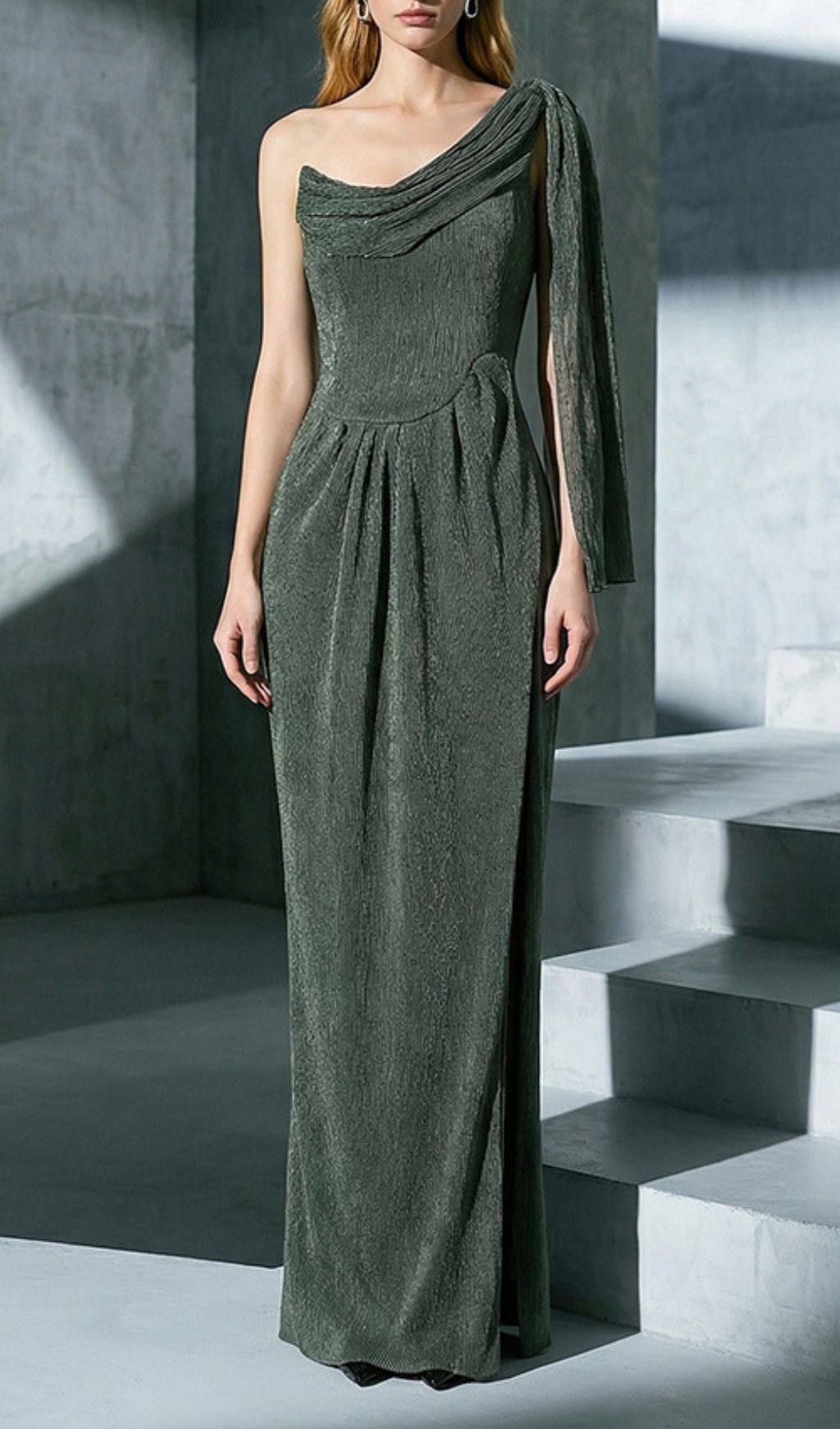 Jenae Olive One-Shoulder Draped Maxi Dress