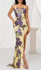 Finnea Glamorous Yellow Sequin Floral Maxi Dress with High Slit