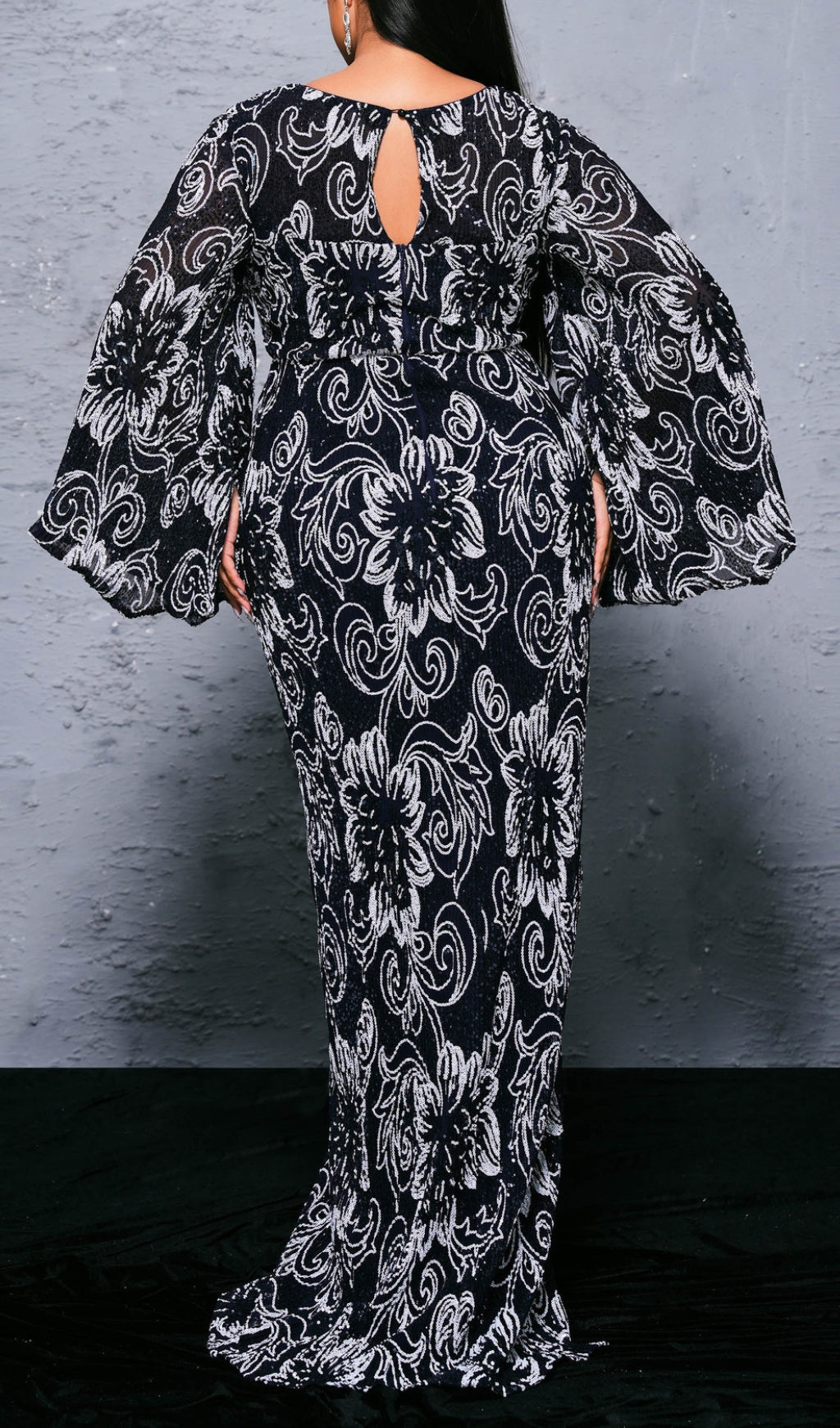 Bechan Black Sequin Floral Maxi Dress
