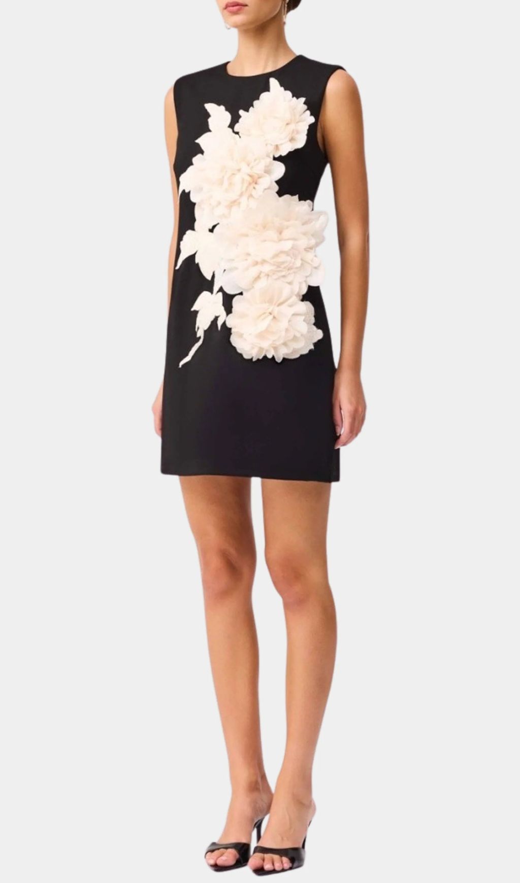 Jocasta Elegant Black Mini Dress with 3D Floral Appliqu