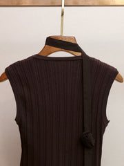 Chic Huong Brown Asymmetrical Tiered Knit Midi Dress