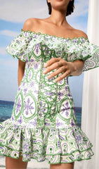Chic Green & Purple Embroidered Off-Shoulder Corset Mini Dress