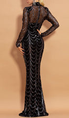 Glamorous Black Sequin Illusion Sleeve High-Neck Maxi Dress