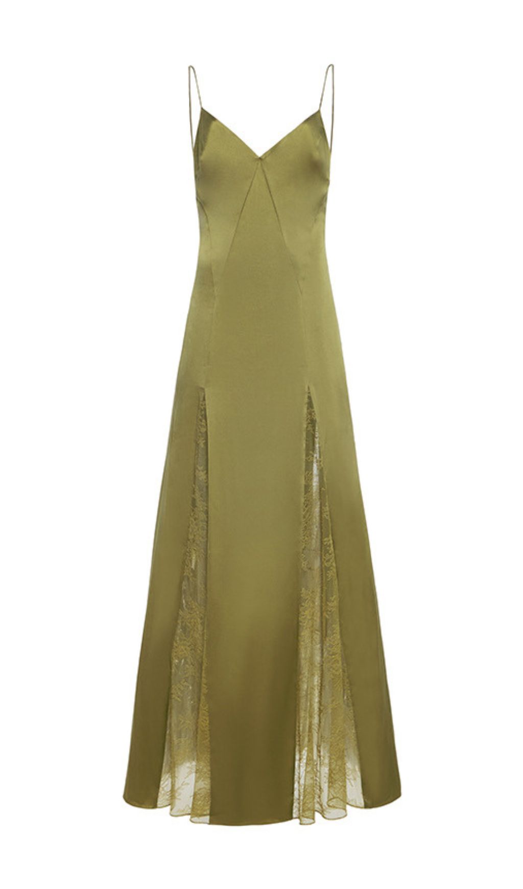 Haldis Elegant Olive Green Lace-Panel Maxi Dress