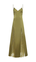 Haldis Elegant Olive Green Lace-Panel Maxi Dress