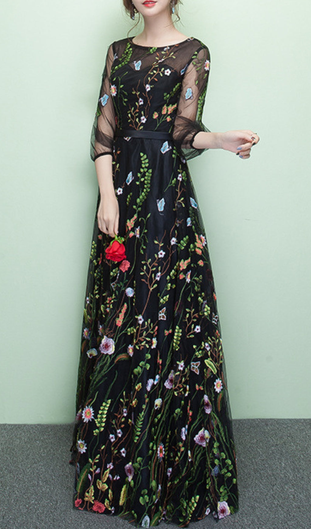 Dannell Elegant Black Floral Embroidered Mesh Sleeve Maxi Dress