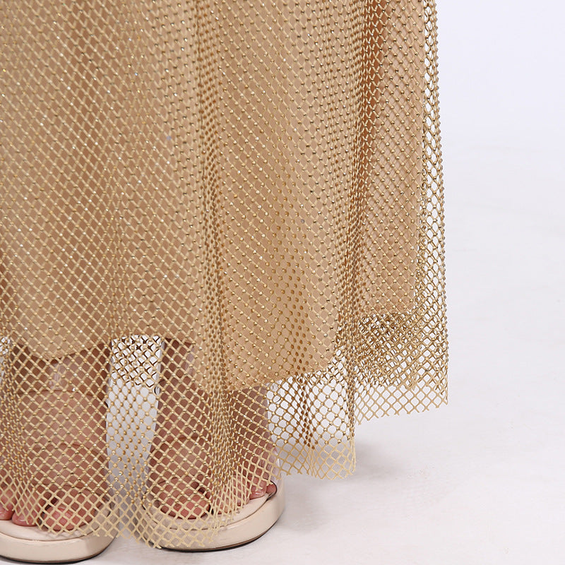 Evelin Shimmering Gold Square Neck Maxi Dress