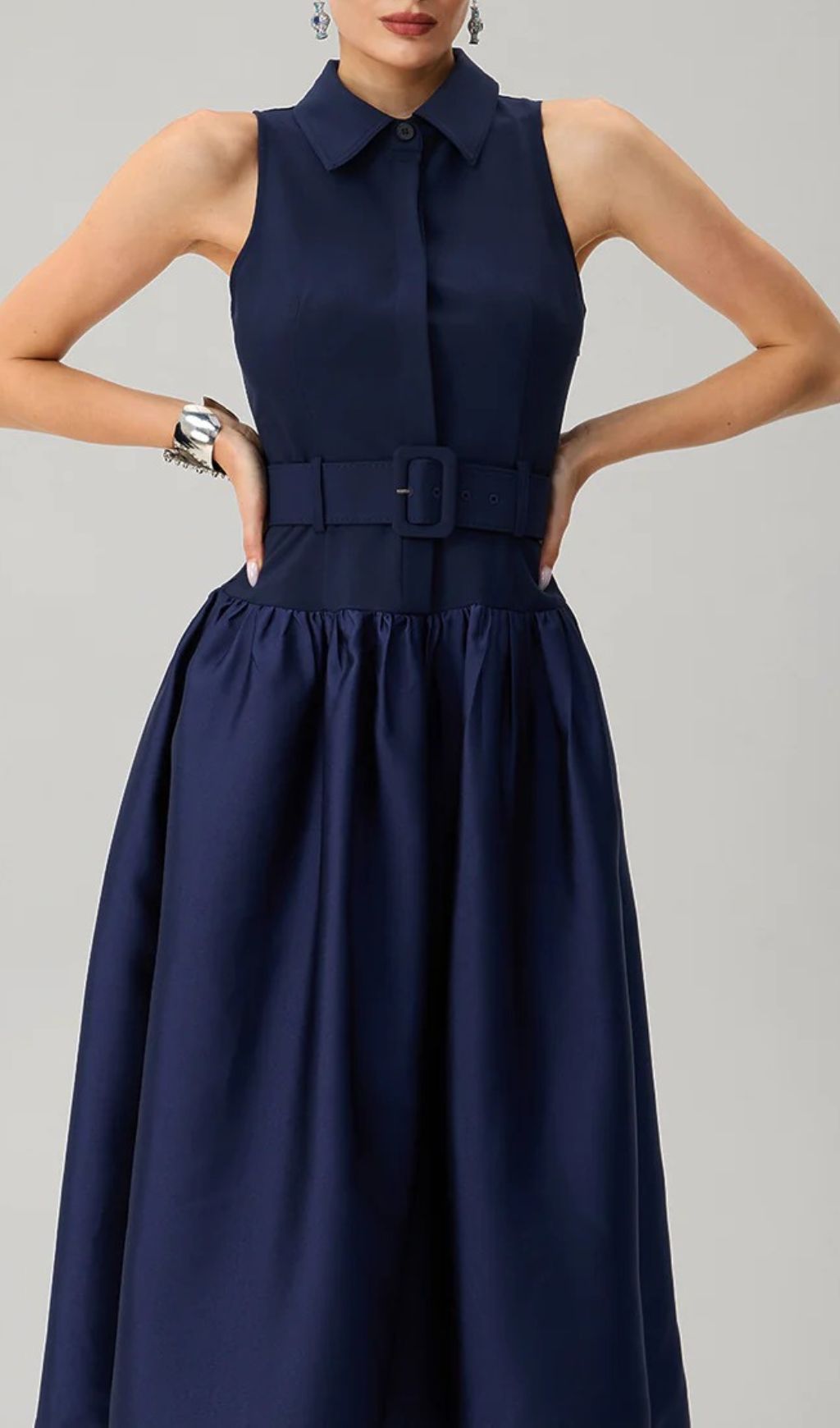 Jovisonic Chic Navy Belted Midi Dress