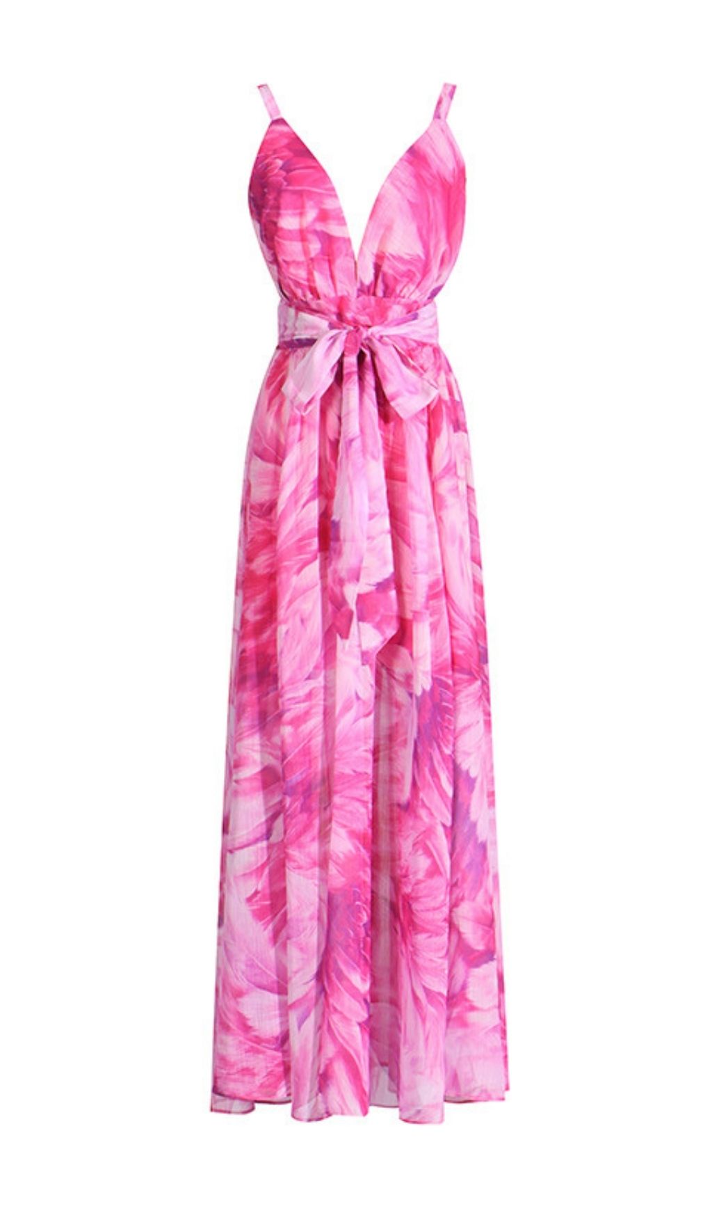 Etana Vibrant Pink Feather Print Halter Maxi Dress