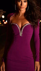 Glamorous Plum Purple Rhinestone V-Neck Mini Dress
