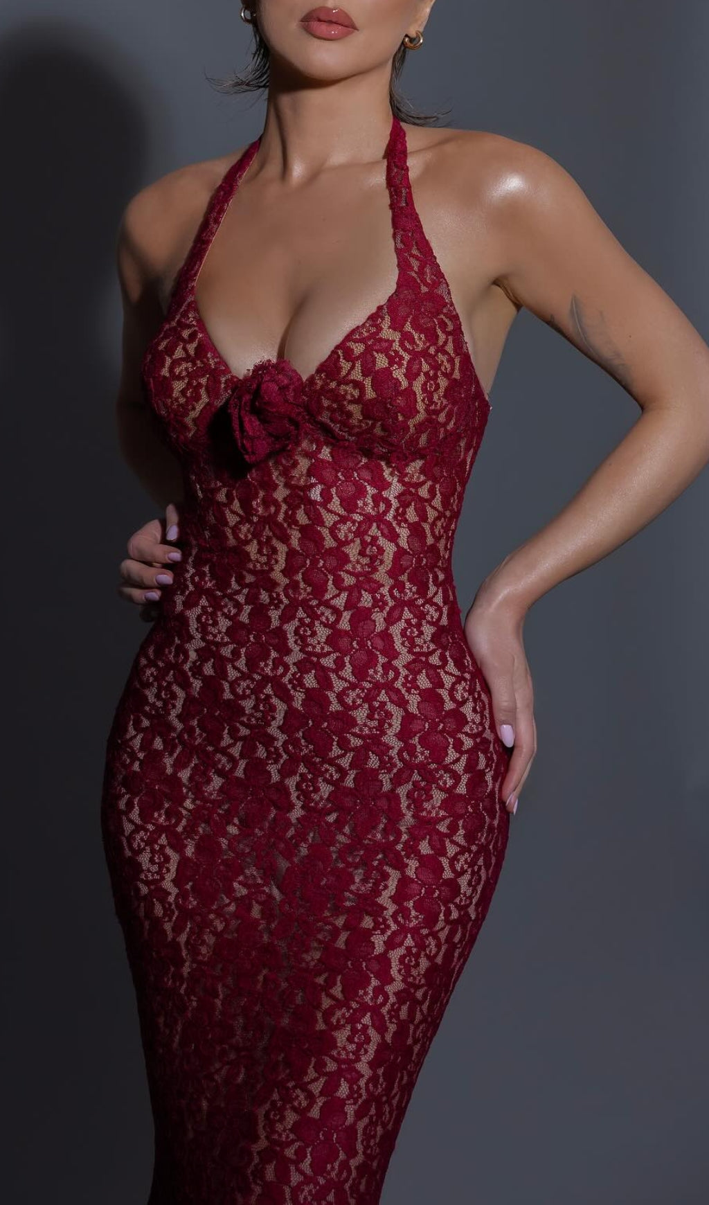 Bedelia Wine Red Halter Lace Mermaid Maxi Gown