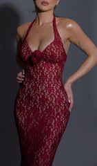Bedelia Wine Red Halter Lace Mermaid Maxi Gown
