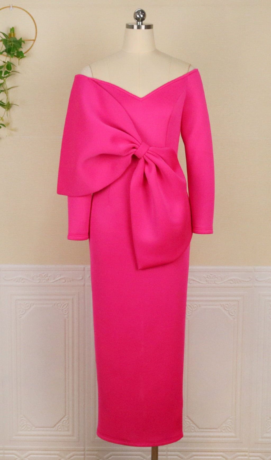 Chic Fuchsia Off-Shoulder Bow Midi Dress