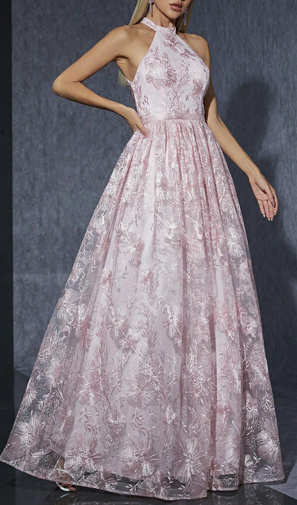 Dolores Elegant Pink Halter Embroidered Maxi Gown