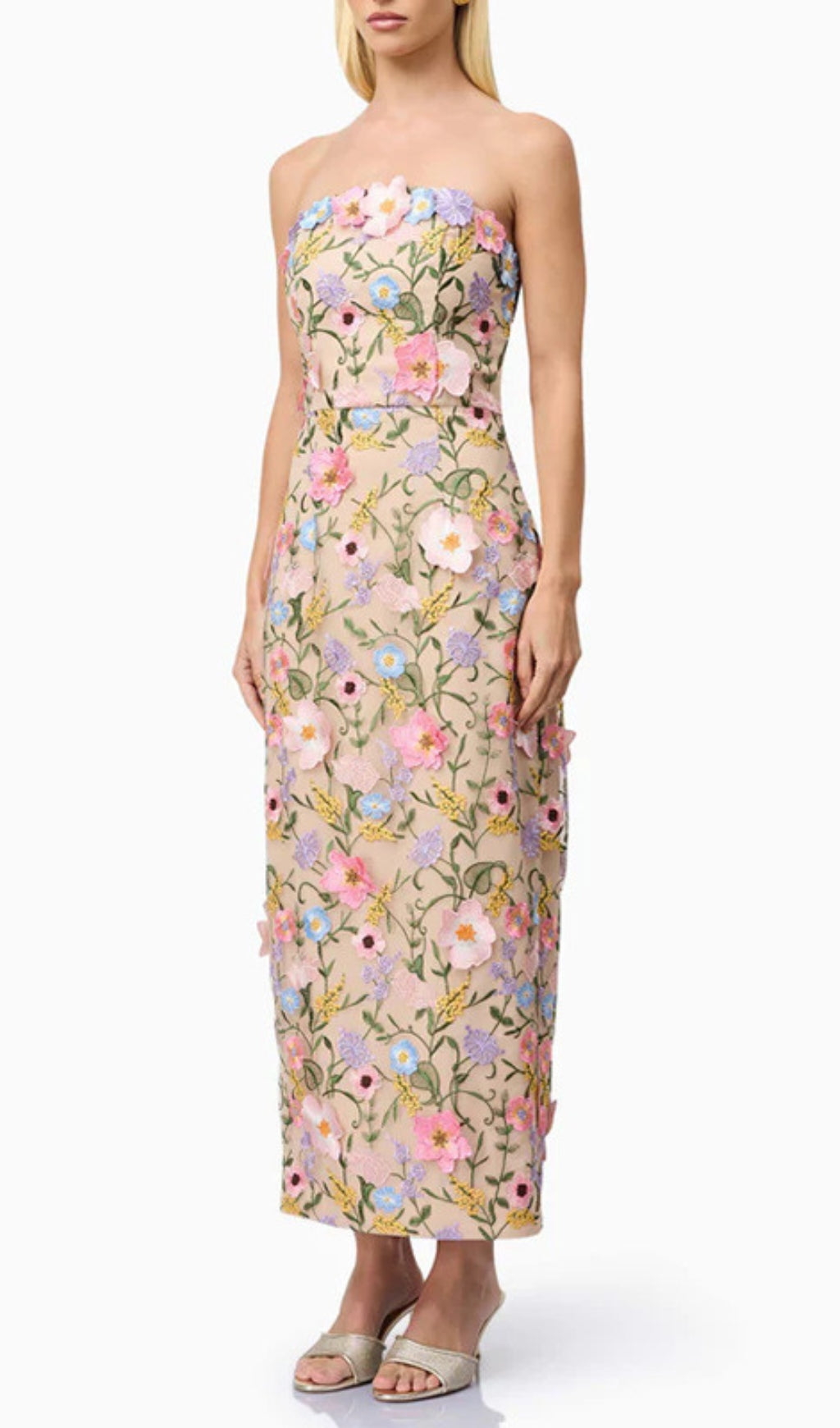 Eiichi Strapless 3D Floral Applique Midi Dress