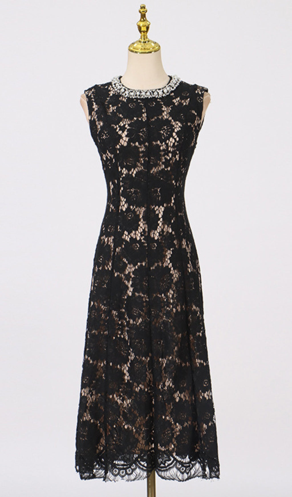 Chic Pearl & Crystal Trim Lace Midi Dress for Women